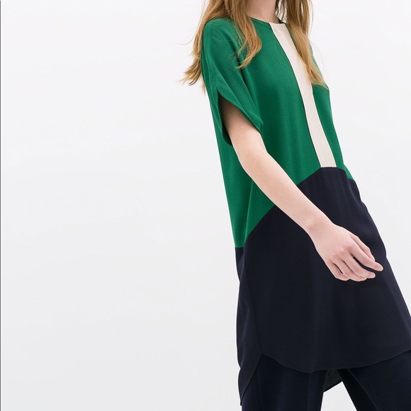 NWT ZARA COLORBLOCK NAVY GREEN TUNIC TOP DRESS - Picture 6 of 13